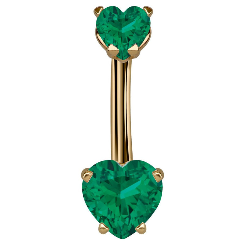 14k yellow gold belly ring with dual dark green CZ heart stones in prong settings, front view