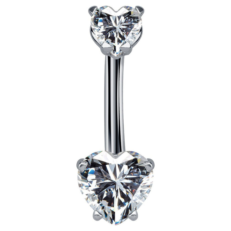 14k white gold belly ring with dual clear CZ heart stones in prong settings, front view