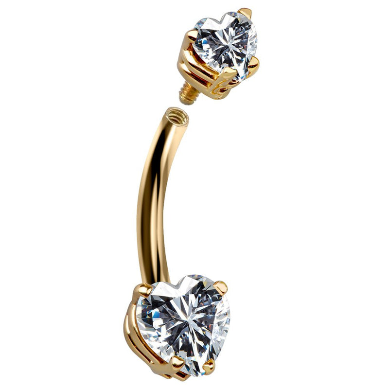 14k yellow gold heart CZ belly ring with top ball removed, showing internally threaded barbell