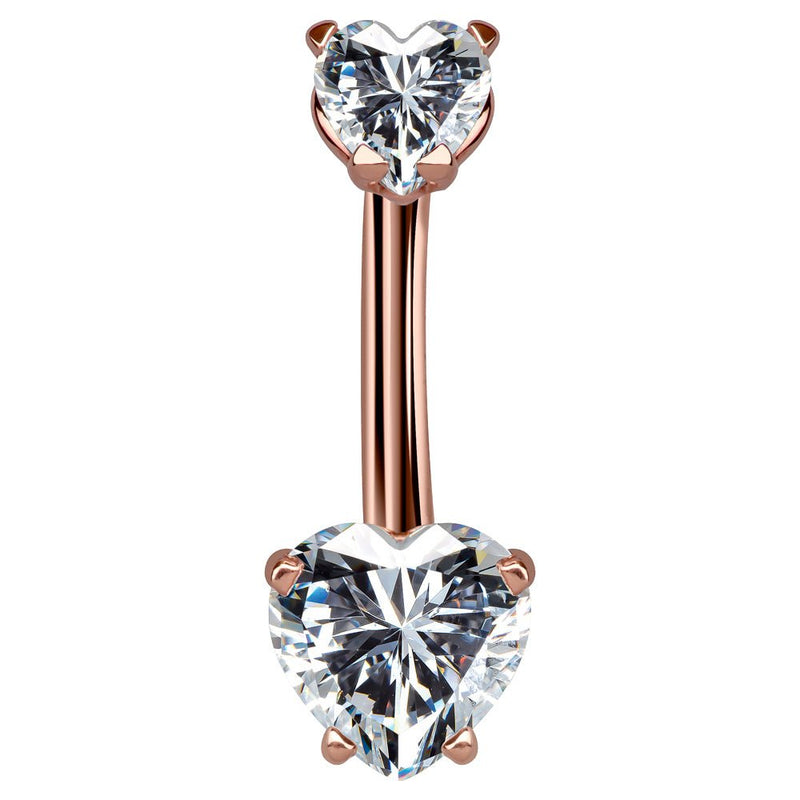 14k rose gold belly ring with dual clear CZ heart stones in prong settings, front view