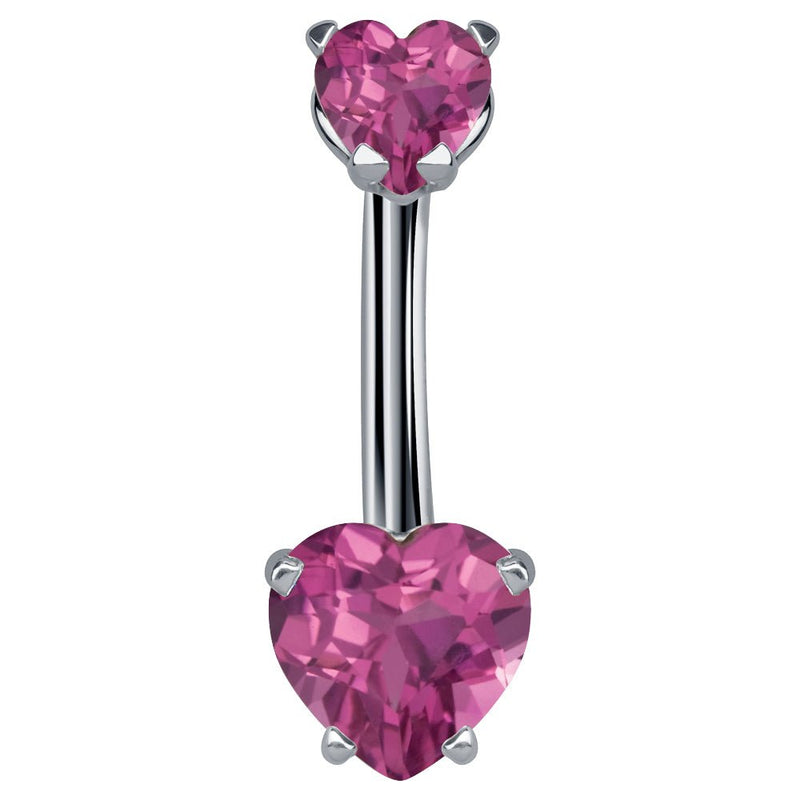 14k white gold navel ring with dual pink CZ heart stones in four-prong settings, front view