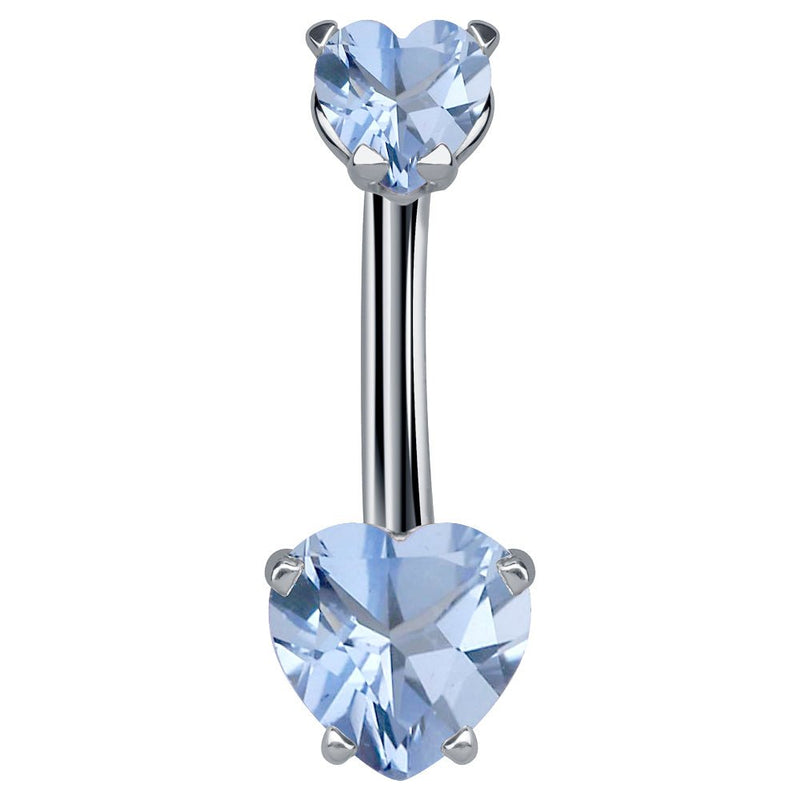 14k white gold navel ring with dual light blue CZ heart stones in prong settings, front view