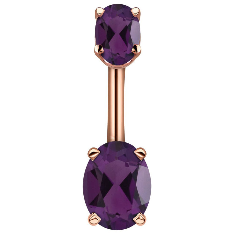 14k rose gold belly ring with dual purple oval CZ stones in four-prong settings, front view