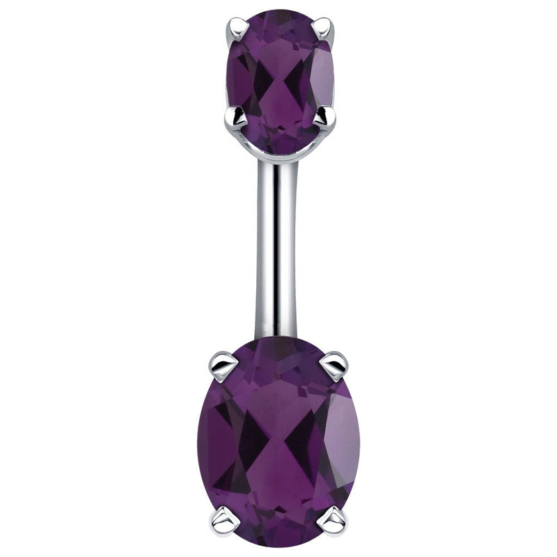 14k white gold belly ring with dual purple oval CZ stones in four-prong settings, front view