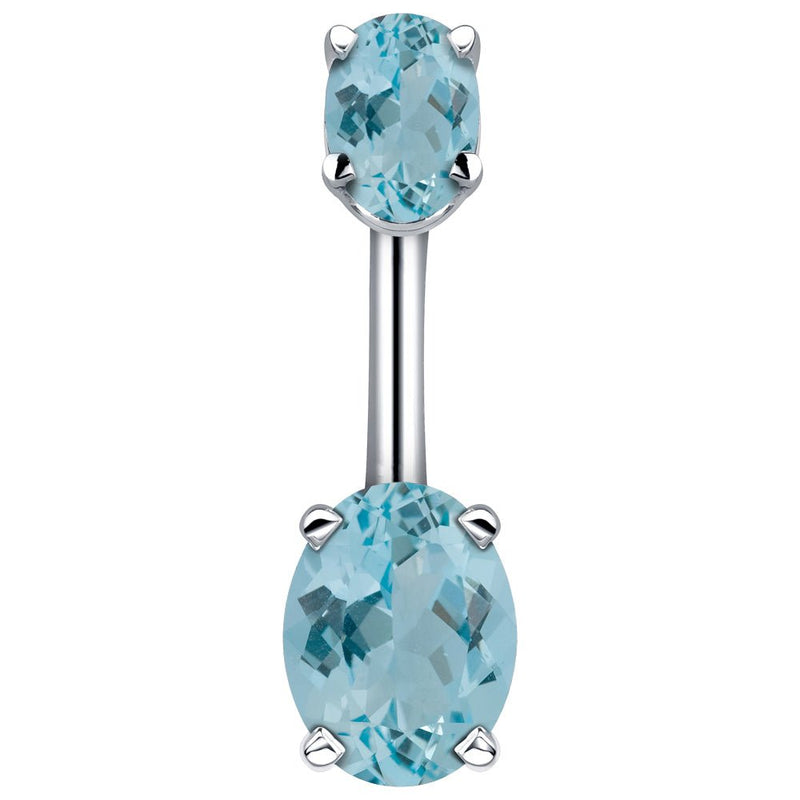 14k white gold belly ring with dual light blue oval CZ stones in four-prong settings, front view