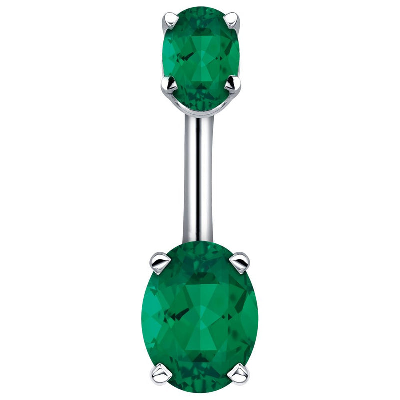 14k white gold belly ring with dual dark green oval CZ stones in four-prong settings, front view