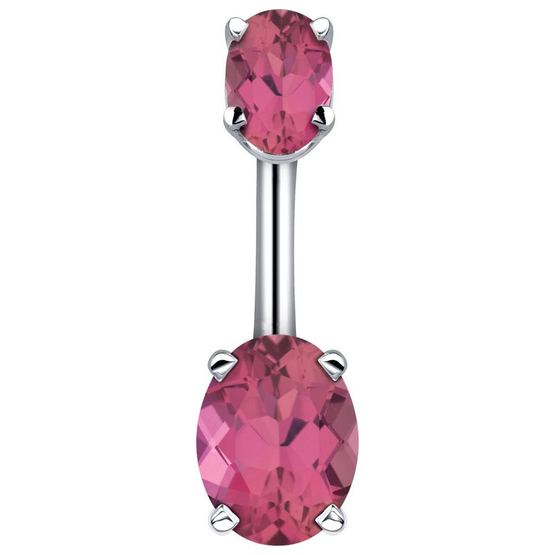 14k white gold belly ring with dual pink oval CZ stones in four-prong settings, front view