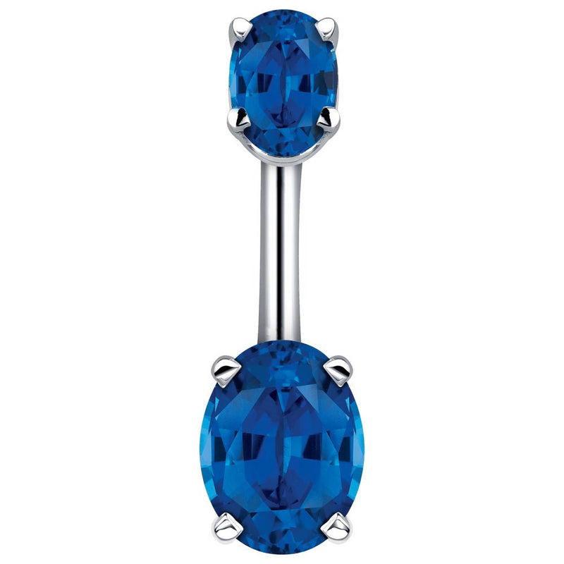 14k white gold navel ring with dual deep blue oval CZ stones in four-prong settings, front view