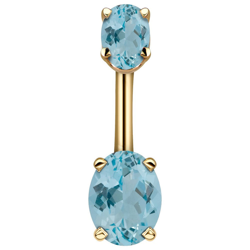 14k yellow gold navel ring with dual light blue oval CZ stones in four-prong settings, front view