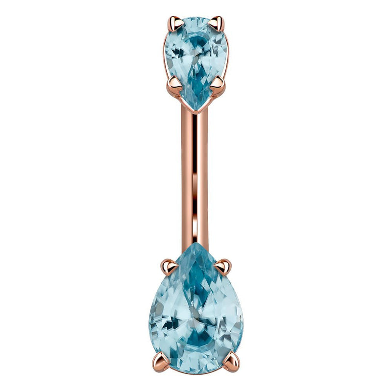 14k rose gold navel ring with dual light blue pear-cut CZ stones in prong settings, front view