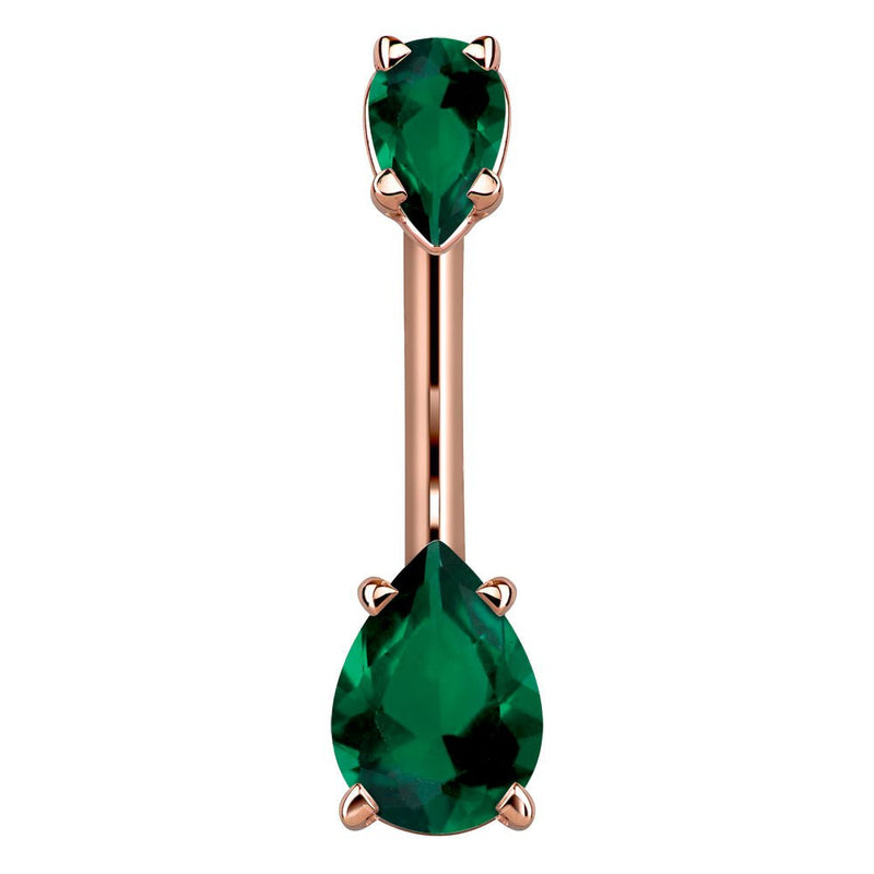 14k rose gold navel ring with dual dark green pear-cut CZ gems in prong settings, front view