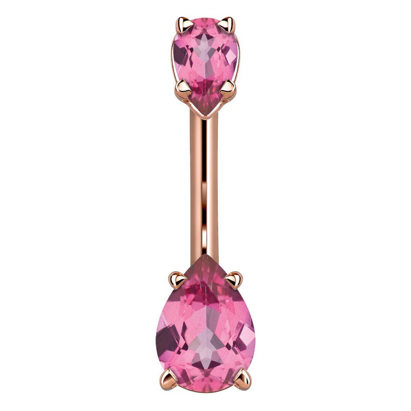 14k rose gold belly ring with two pink pear-shaped CZ gems in prong settings, front view