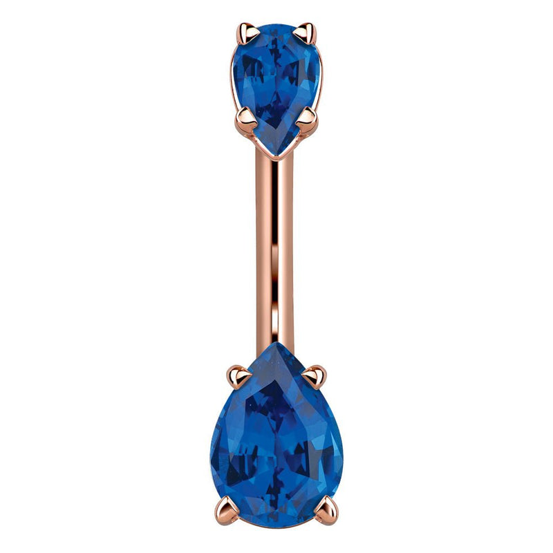 14k rose gold belly ring with two deep blue pear-shaped CZ gems in prong settings, front view