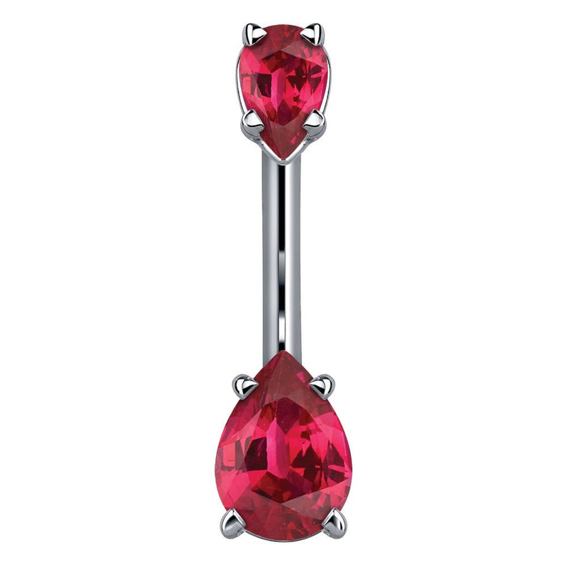 14k white gold navel ring with dual red pear-cut CZ stones in four-prong settings, front view