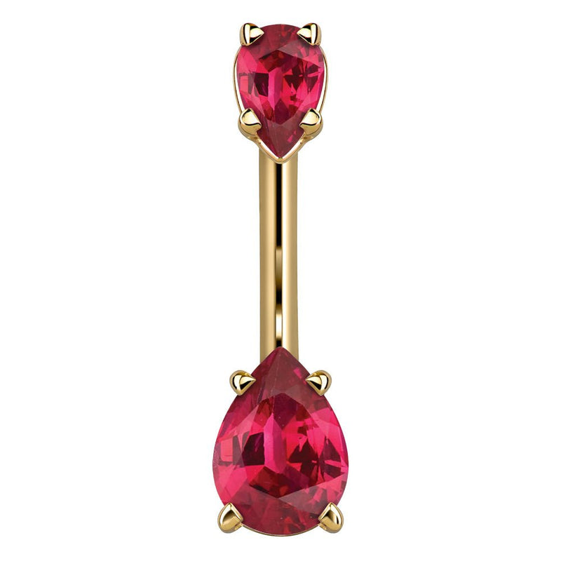 14k yellow gold navel ring with dual red pear-shaped CZ stones in four-prong settings