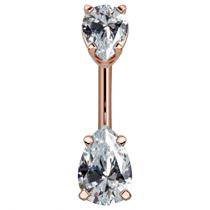 14k rose gold belly ring with double clear pear-cut CZ gems, front view showing warm pink-gold tone