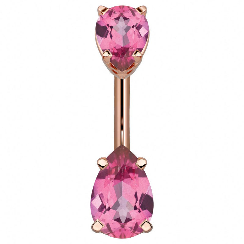 14k rose gold belly ring with double pink pear-cut CZ gems, warm metal and gem tones complement each other