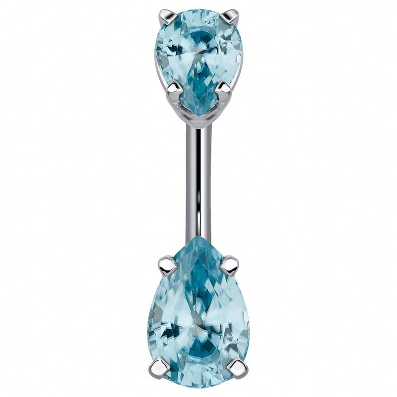 14k white gold belly ring with double light blue pear-cut CZ gems, front view with silver-toned barbell