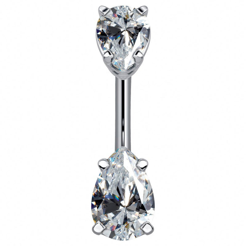 14k white gold belly ring with double clear pear-cut CZ gems, front view showing cool-toned metal