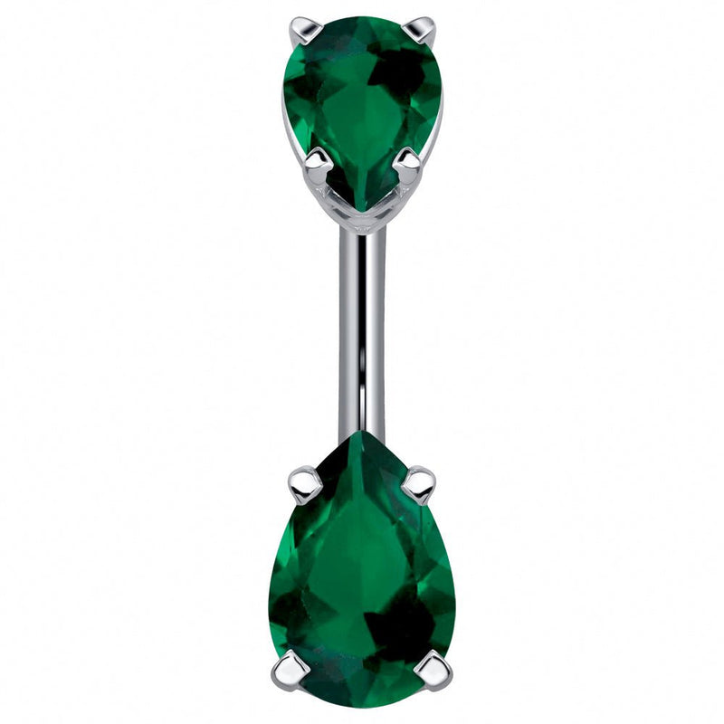 14k white gold belly ring with double dark green pear-cut CZ gems, front view with cool metal contrast