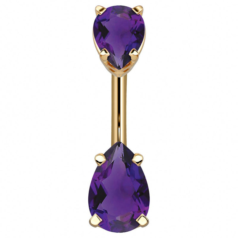 14k yellow gold double pear belly ring with deep purple amethyst-tone CZ gemstones, front view