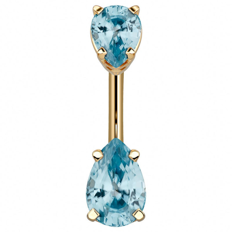 14k yellow gold belly ring with double light blue aqua pear-cut CZ gems in basket settings