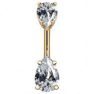 14k yellow gold belly ring with double clear pear-cut CZ gems in prong basket settings, front view