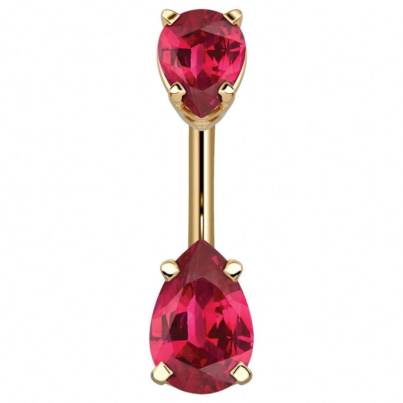 14k yellow gold double pear navel ring with vivid red CZ gemstones in prong basket settings