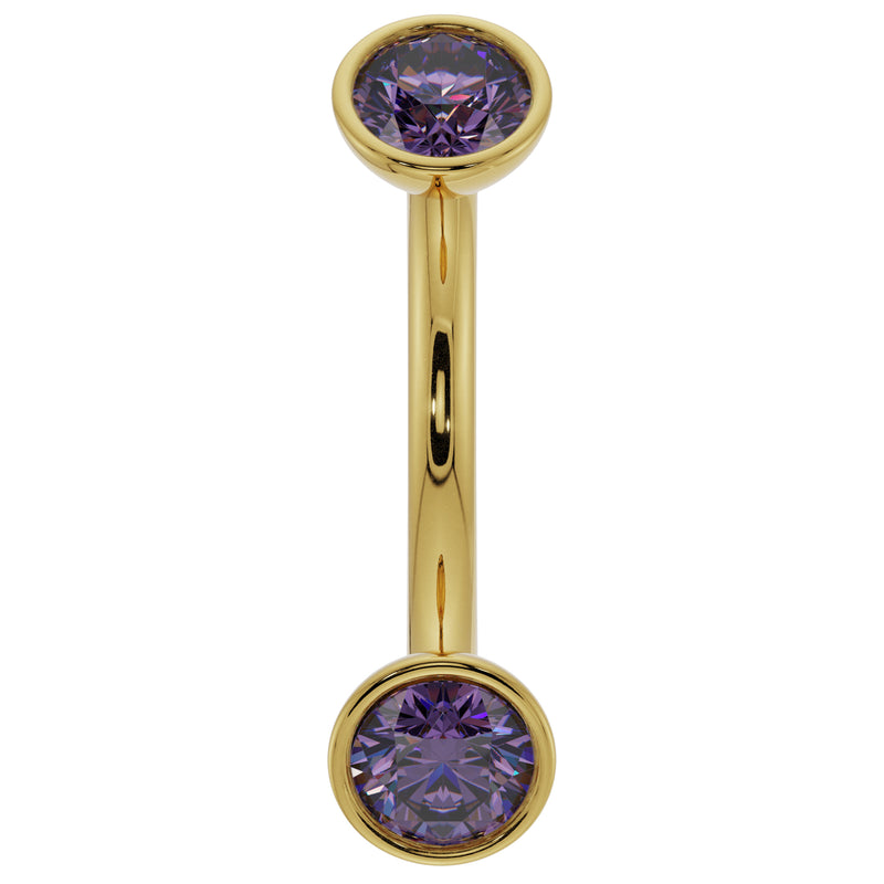 14k yellow gold dainty amethyst curved barbell showing larger stone size, angled view