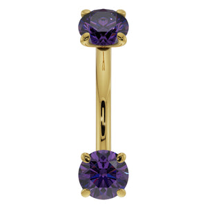 14k yellow gold amethyst curved barbell with dual prong-set purple stones, front view