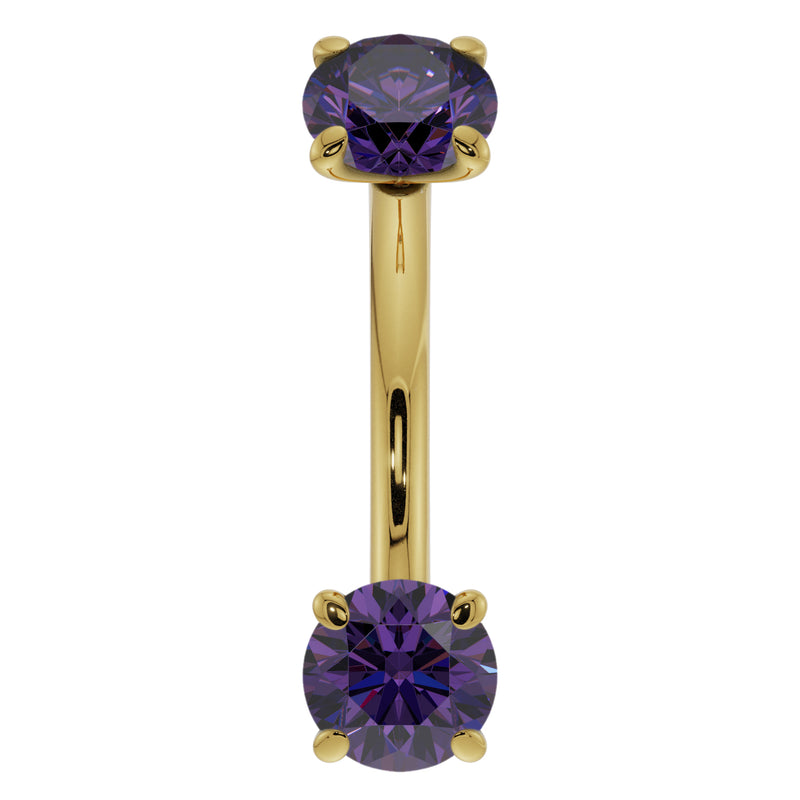 14k yellow gold amethyst curved barbell with dual prong-set purple stones, front view