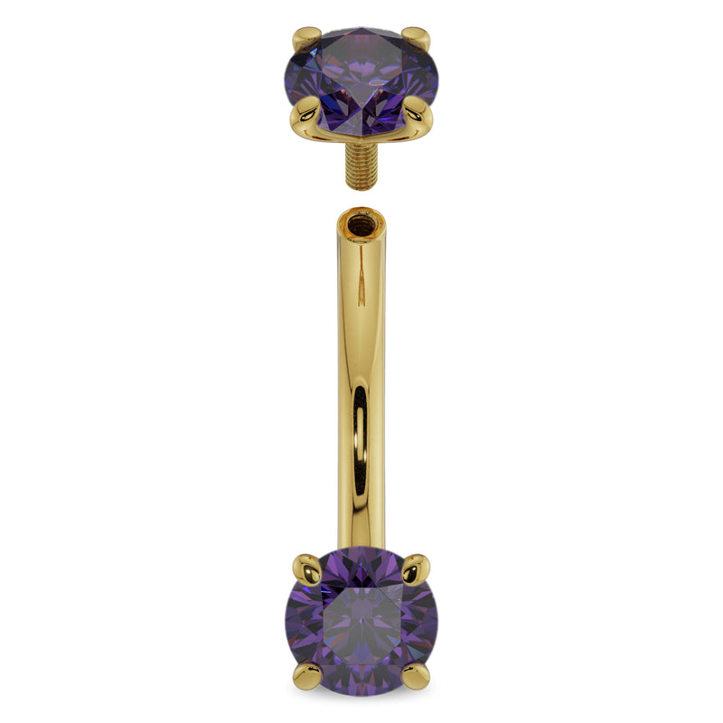 14k yellow gold amethyst curved barbell with top ball removed showing internal threading mechanism