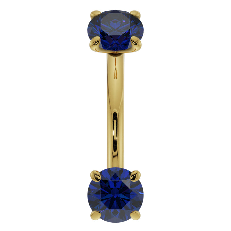 14k yellow gold blue sapphire prong-set curved barbell, front view with two round sapphires