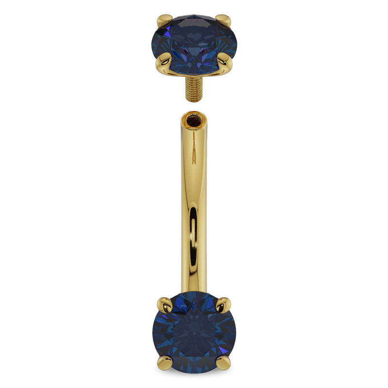 14k yellow gold blue sapphire curved barbell disassembled, showing internal threading and separate top ball