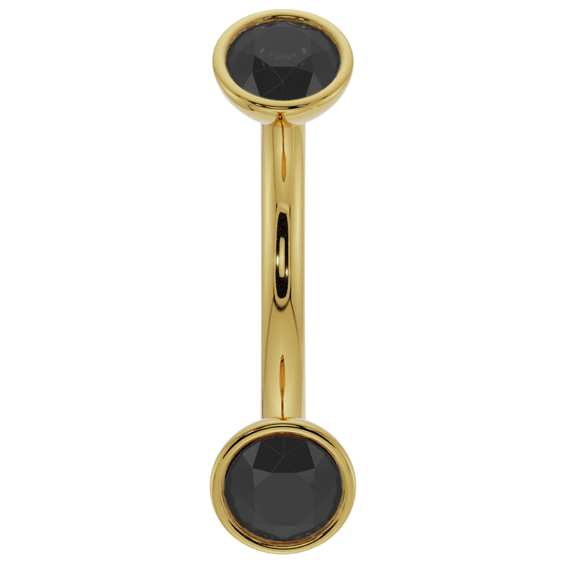 14k yellow gold curved barbell with dual bezel-set black diamonds, flat front view
