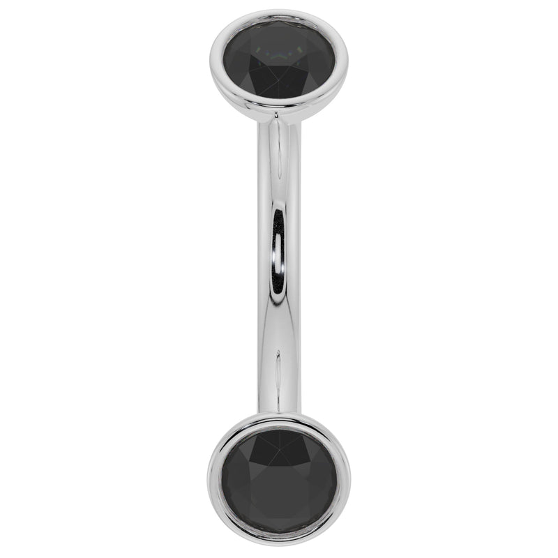 14k white gold curved barbell with dual bezel-set black diamonds, front view