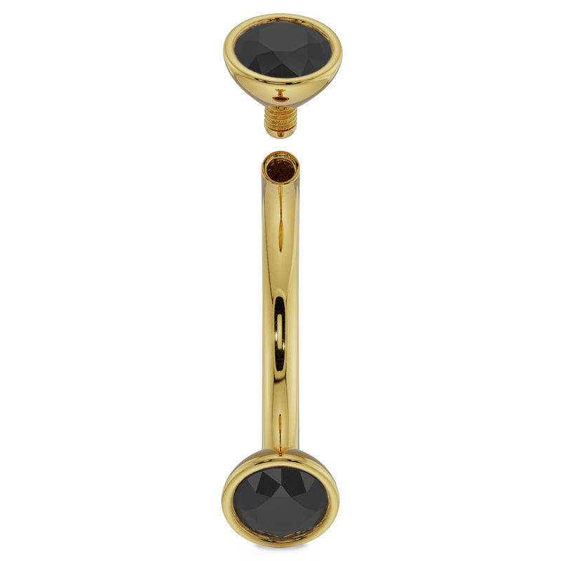 14k yellow gold black diamond curved barbell disassembled showing threaded top ball and barbell shaft