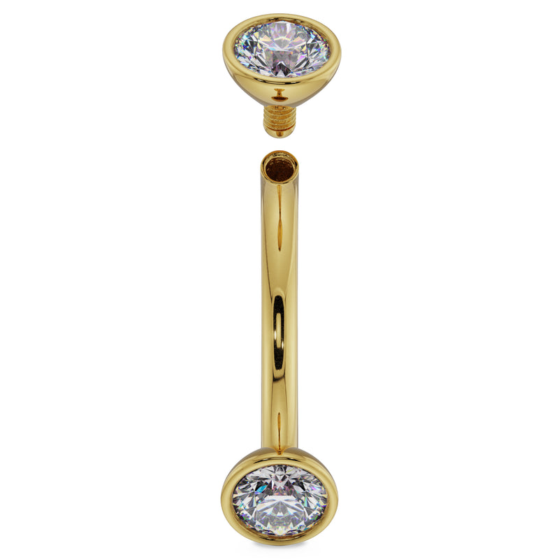 14k yellow gold 14G diamond curved barbell with threaded top detached, showing hollow post end
