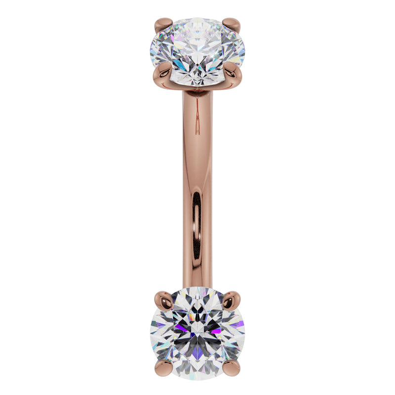 14k rose gold dual CZ prong-set curved barbell, front view with sparkling round stones