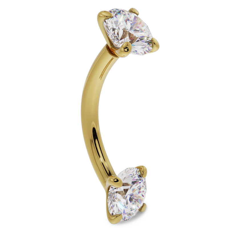 14k yellow gold CZ prong-set curved barbell, side profile showing curved bar and dual CZ stones