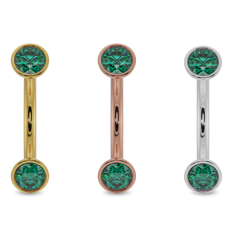 14G emerald bezel curved barbell in yellow, rose, and white gold shown side by side for comparison