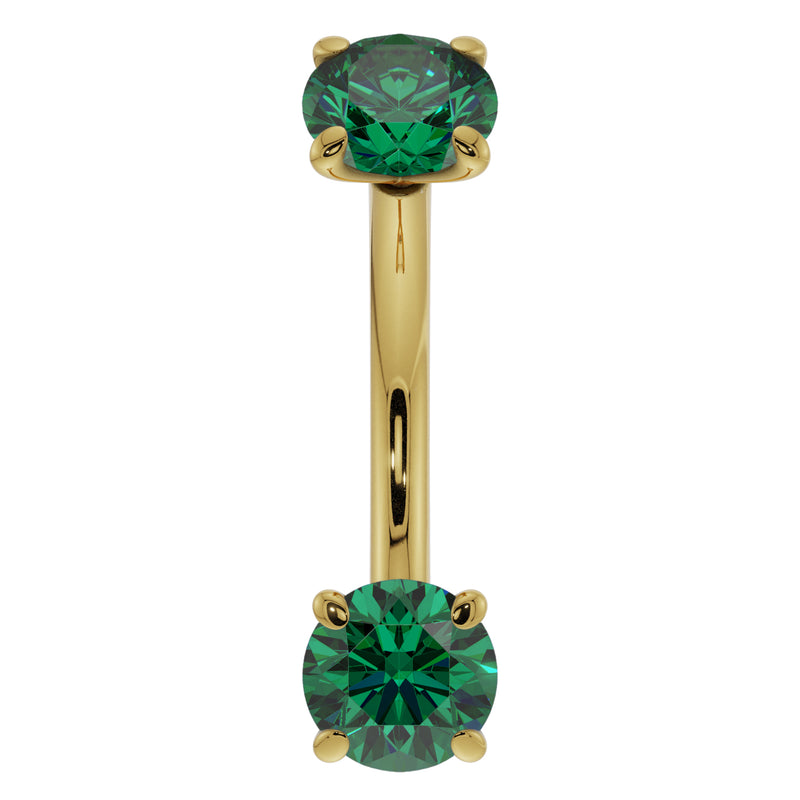 Close-up front view of 14K yellow gold emerald curved barbell highlighting larger 14G stone size