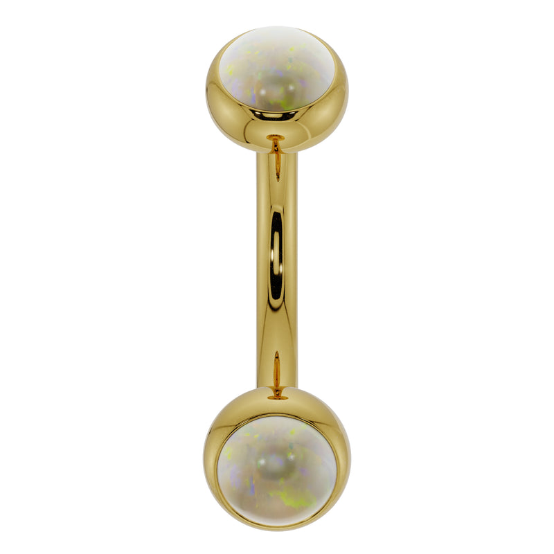 14k yellow gold 14G opal bezel curved barbell with larger 3mm opals, angled front view