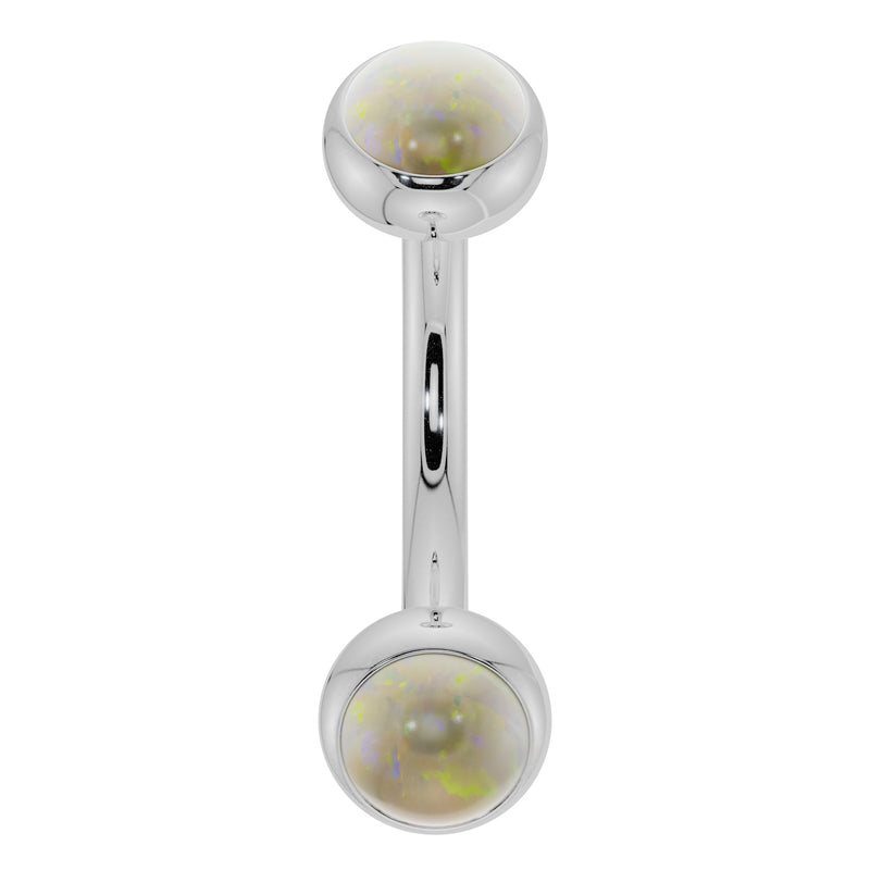 14k white gold opal bezel-set curved barbell with dual iridescent opal ends, front view