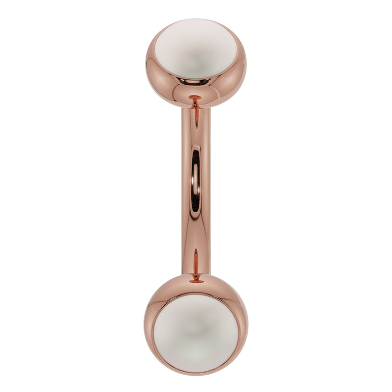 14k rose gold 14G pearl bezel curved barbell with larger pearl ends, front view