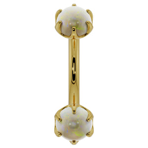 14k yellow gold opal prong-set curved barbell, front view with dual iridescent opal cabochons