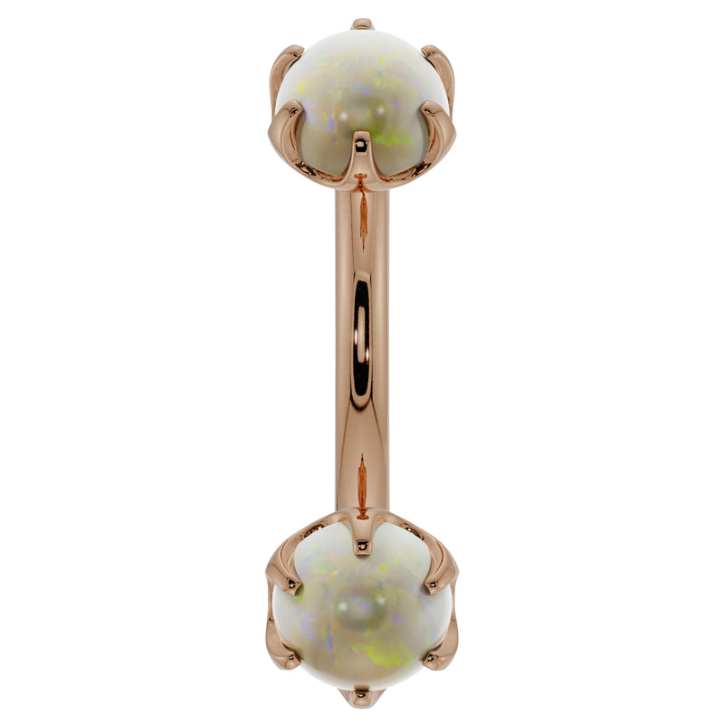14k rose gold opal prong-set curved barbell, front view with dual iridescent opal cabochons