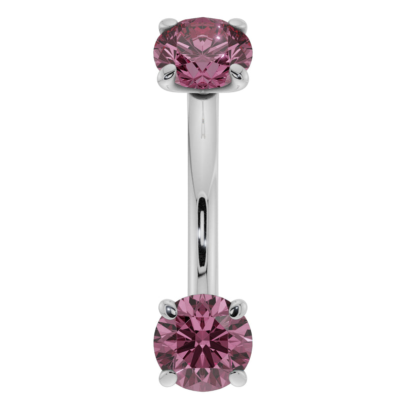 14k white gold pink sapphire curved barbell front view with larger round faceted sapphire ends