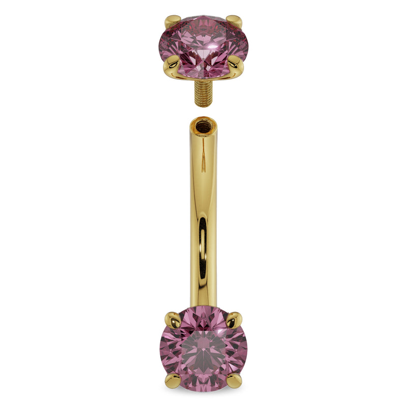 14k yellow gold pink sapphire curved barbell with top end detached, larger stone size variant