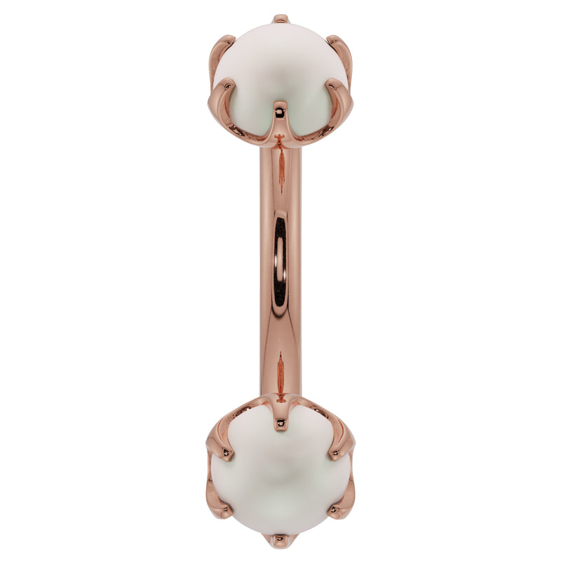 14k rose gold pearl prong-set curved barbell, front view with warm pink-gold tone